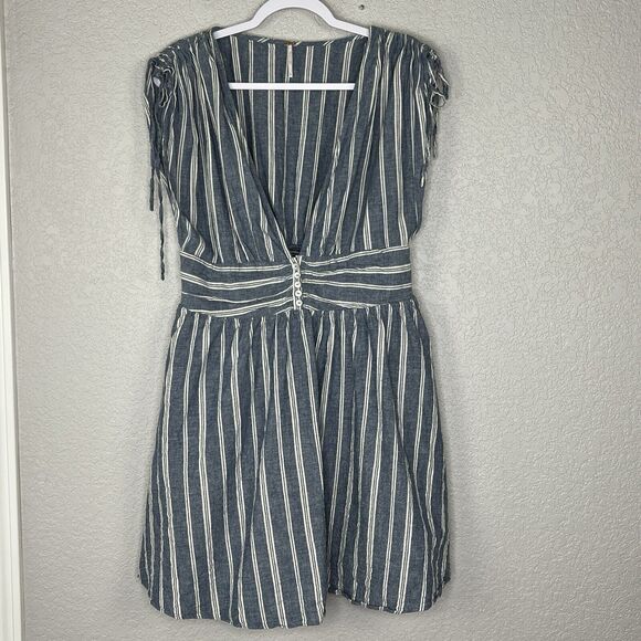 Free People Size L Roll the Dice Blue White Stripe Linen Blend Open V neck Dress - Picture 2 of 5